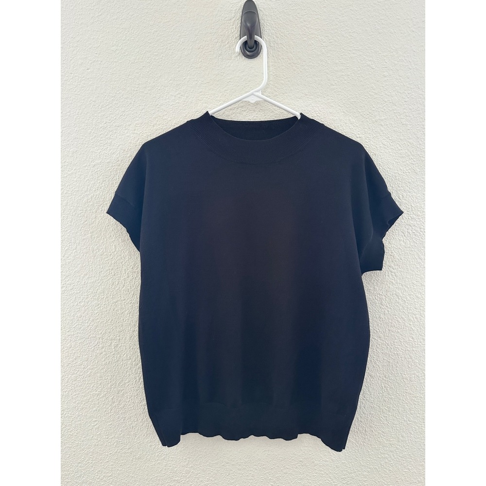 T Tahari Knit Top Womens LBlack Ribbed Mock Neck Short Sleeve Minimalist Office